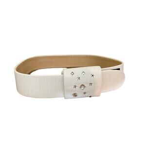 Vintage 90s White Leather Belt With Wide Buckle and Rhinestones SIZE S